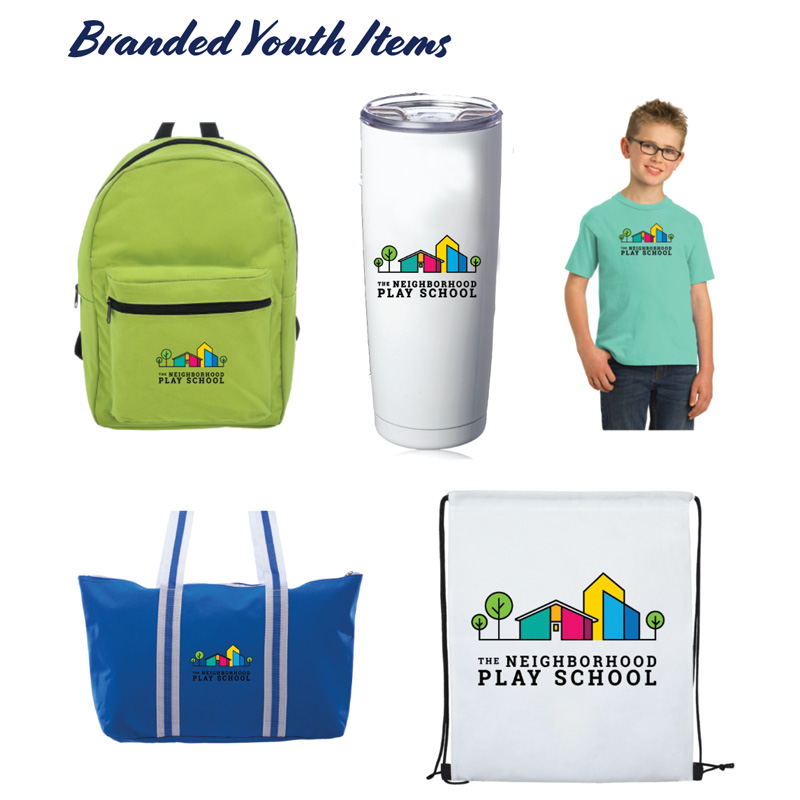 branded youth items like custom water bottles with logo, tote bags customized, logo coolers
